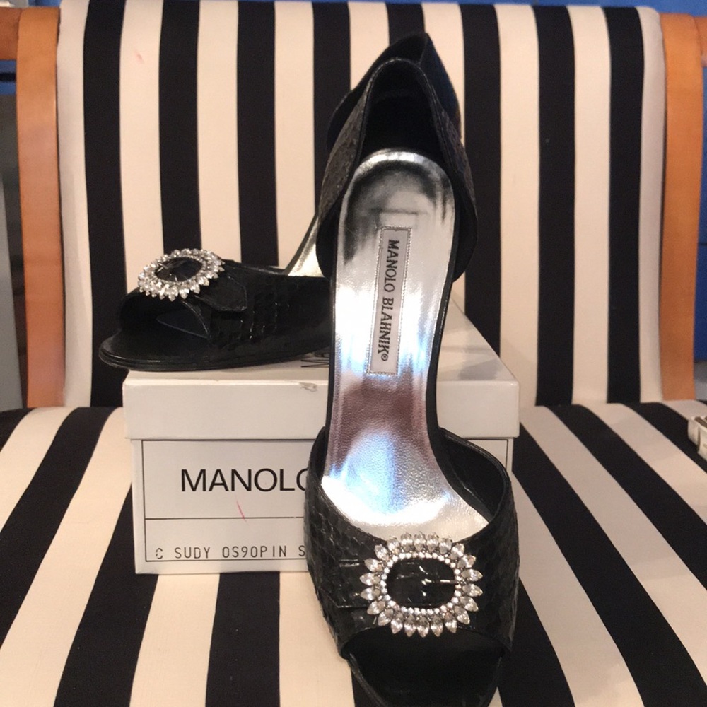 Manolo Blahnik snakeskin Sudy,  Swarovski Buckle.